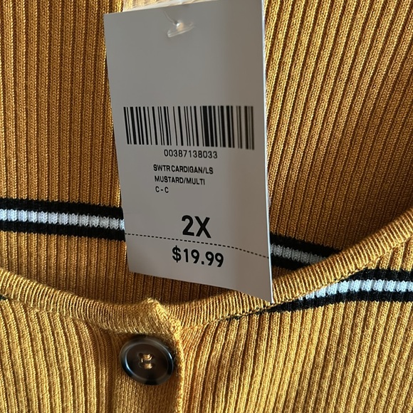 FOREVER 21 SWEATER CARDIGAN IN MUSTARD WITH BLACK/WHITE STRIPES NWT - Picture 3 of 3